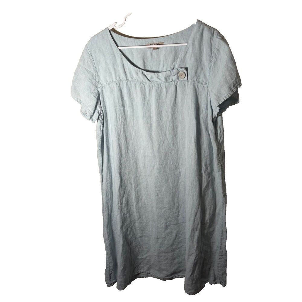 Flax Women's Medium 100% Linen Blue Short Sleeve Shift T-Shirt Dress Lagenlook